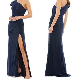 Mac Duggal One-Shoulder Draped Jersey Sheath Gown Navy Size 6 NEW